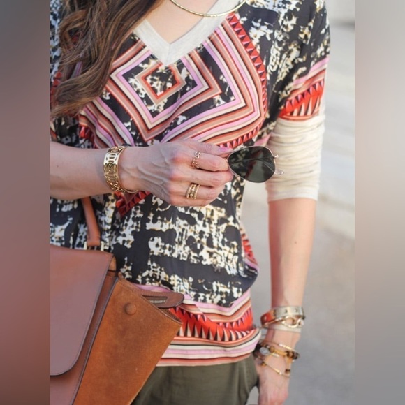 CAbi Aztec Print Silk Scarf Handkerchief Top Long Sleeve V-Neck Loose Fit Boho M - Picture 1 of 10